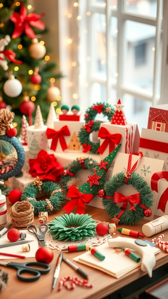 A collection of Christmas crafts including ornaments, wreaths, and cards on a crafting table with supplies.
